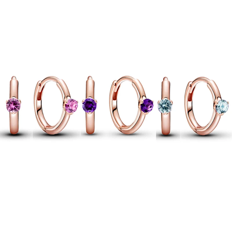 

Authentic 925 Sterling Silver Earring Solitaire Huggie Hoop Earring With Pink Purple Blue Crystal For Women Gift Europe Jewelry