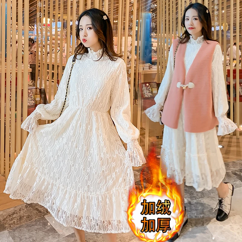 Зимний костюм для беременных с длинным Расклешенным рукавом Кружевное платье