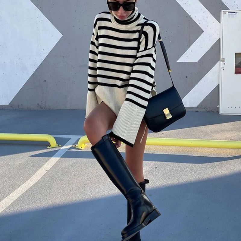 

2021 Autumn Winter Oversized Knitted Pullover Women Turtleneck Long Sleeve Khaki Striped Loose Sweater Casual Fashion