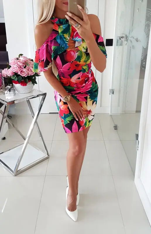 Женские Модные короткий рукав с открытыми плечами цветочным рисунком рюшами