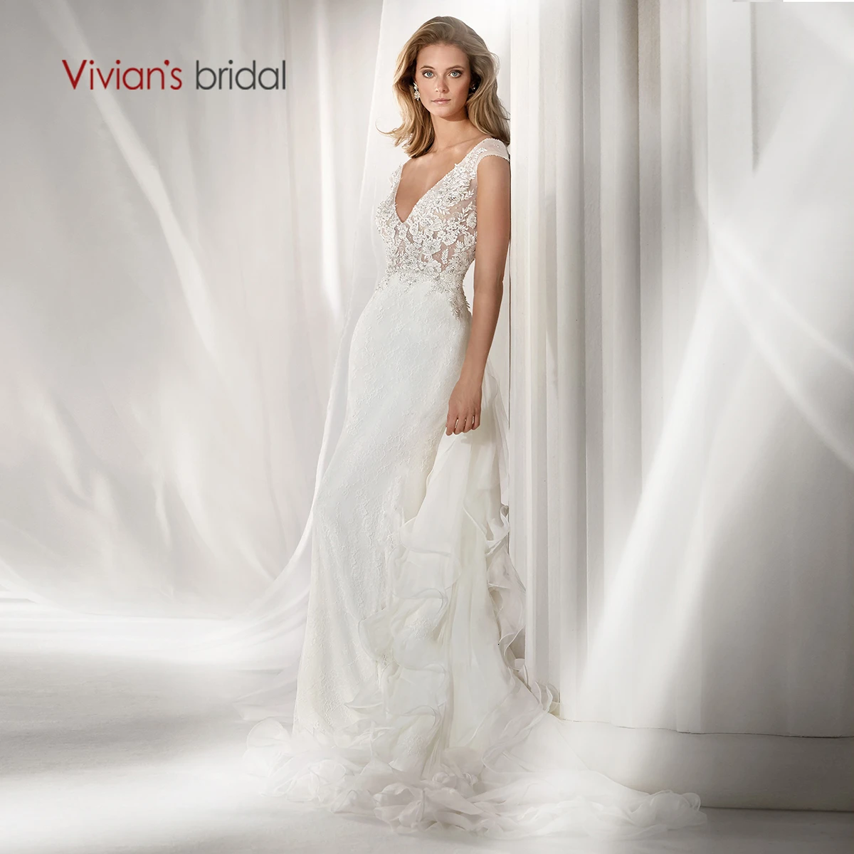 Vivian's Bridal Ruffles органза съемный Шлейф Свадебное Платье сексуальное Глубокий v