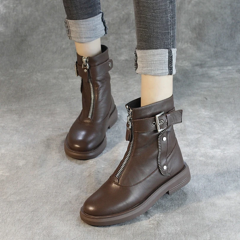 Женские ботинки из натуральной кожи Черные ботильоны на молнии и низком каблуке