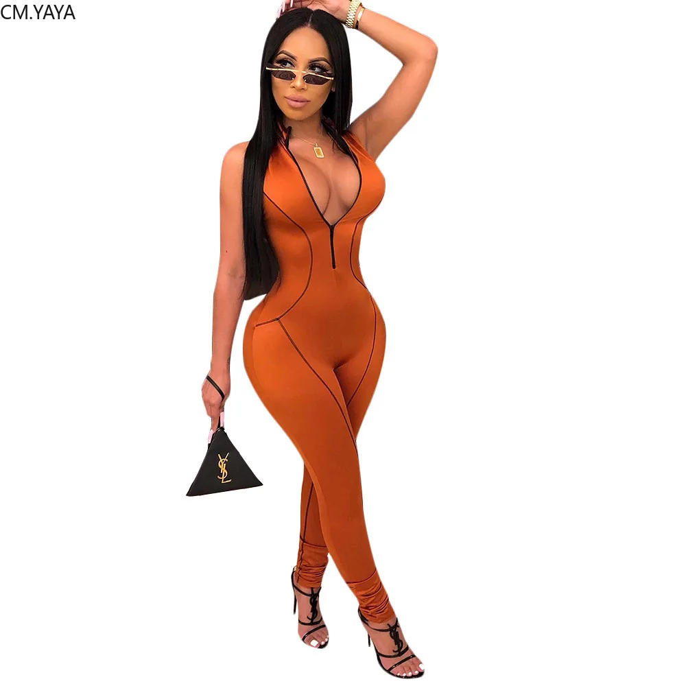 women stripes splicing zipper up sleeveless zipper up bodycon long jumpsuit sexy night club party romper playsuit GLAJ4075