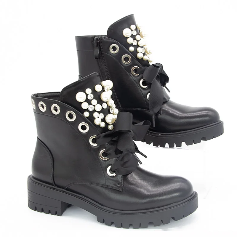 

Women Short Boots 2020 Ladies Leather Ankle Boots Autumn Platform Motorcycle Shoes for Woman's Punk 35-43 Winter Pearl Rivet Sho