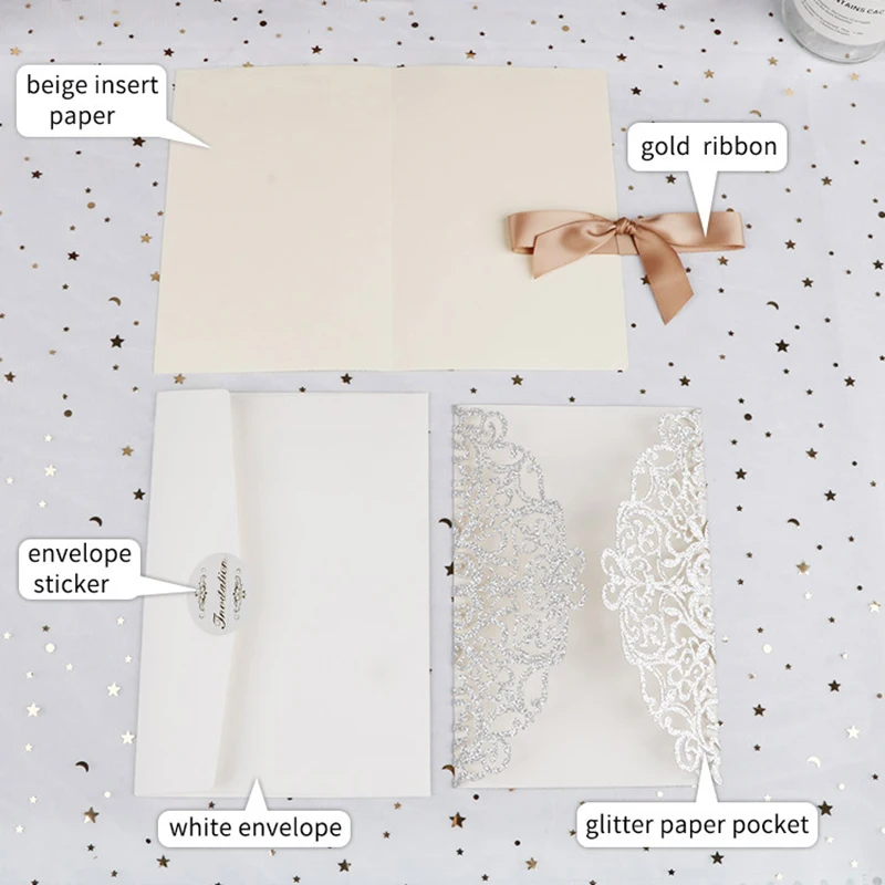 100 шт. блестящие бумажные свадебные открытки лазерная резка визитки с лентой