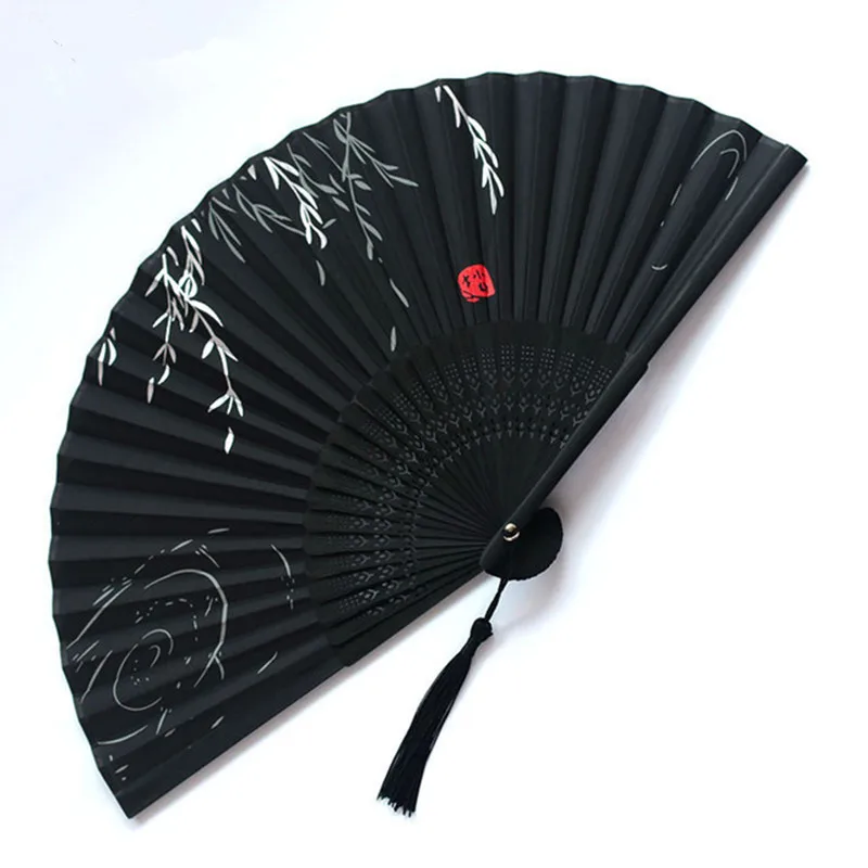 

Chinese Japanese Silk Folding Fan Wooden Shank Classical Dance Fan High Quality Tassel Elegent Female Fan Home Decoration