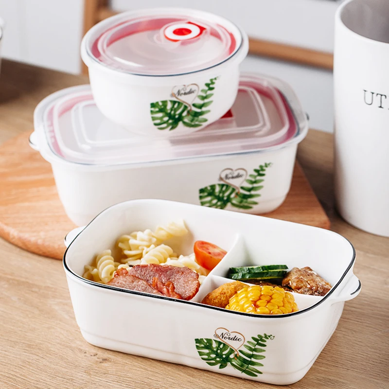 Microwavable 3 Compartment Lunch Box Leakproof Offic Portable Ceramic Bento Box Thermal Packed Lancheira Termica Food Container