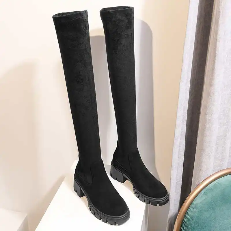 Krazing Pot Big Size Cow Leather Stretch Over-the-knee Boots Platform Round Toe High Heels Winter Women Warm Thigh High Boots images - 6