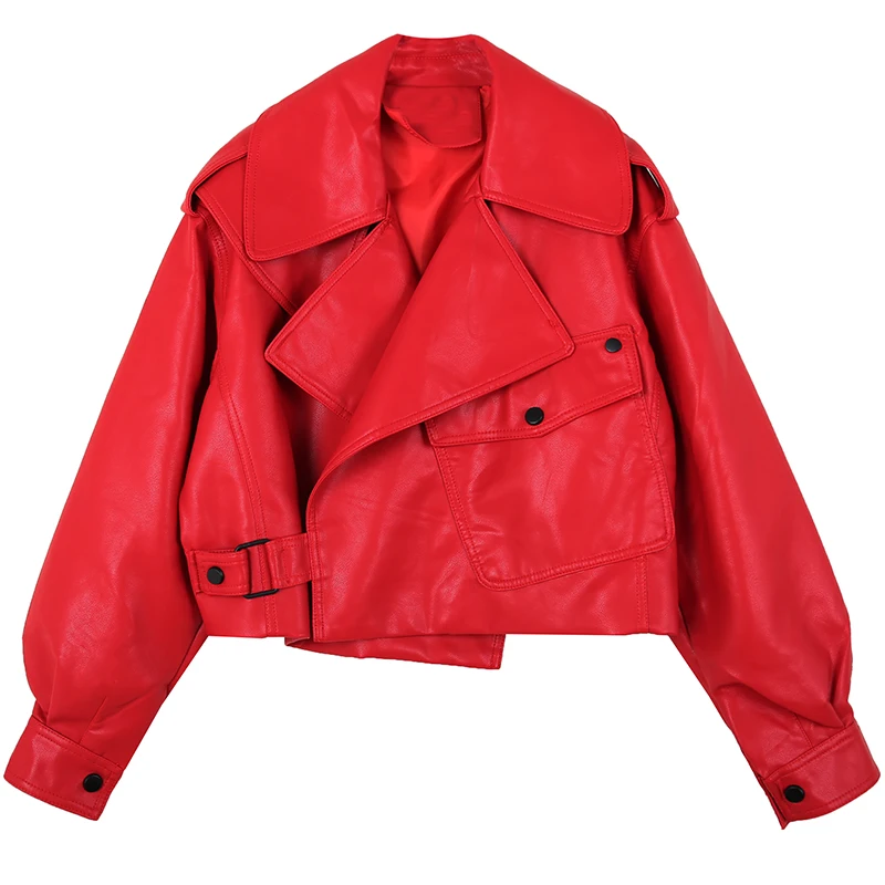 

ZCWXM Spring Women Faux Leather Jacket Pu Motorcycle Biker Loose Black Coat Jackets Turndown Collar Streetwear Red Outerwear
