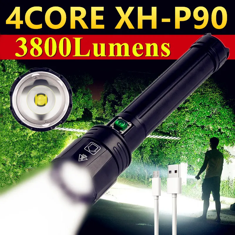 

4Core XHP90/XHP70 USB Charging Most Powerful LED Flashlight 26650 Zoomable Tactical Torch Lantern Hunting Lamp Hand Lights