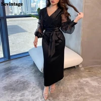 sevintage black sheath arabia midi evening dresses satin lace long sleeves prom party gowns ankle length formal prom dress 2022