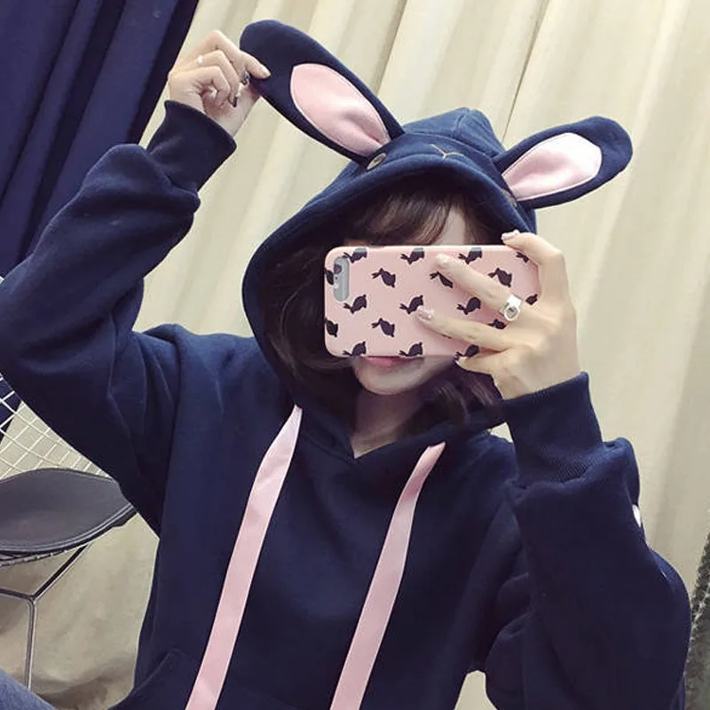 Женские осенние толстовки с капюшоном кроличьими ушками карманами длинными