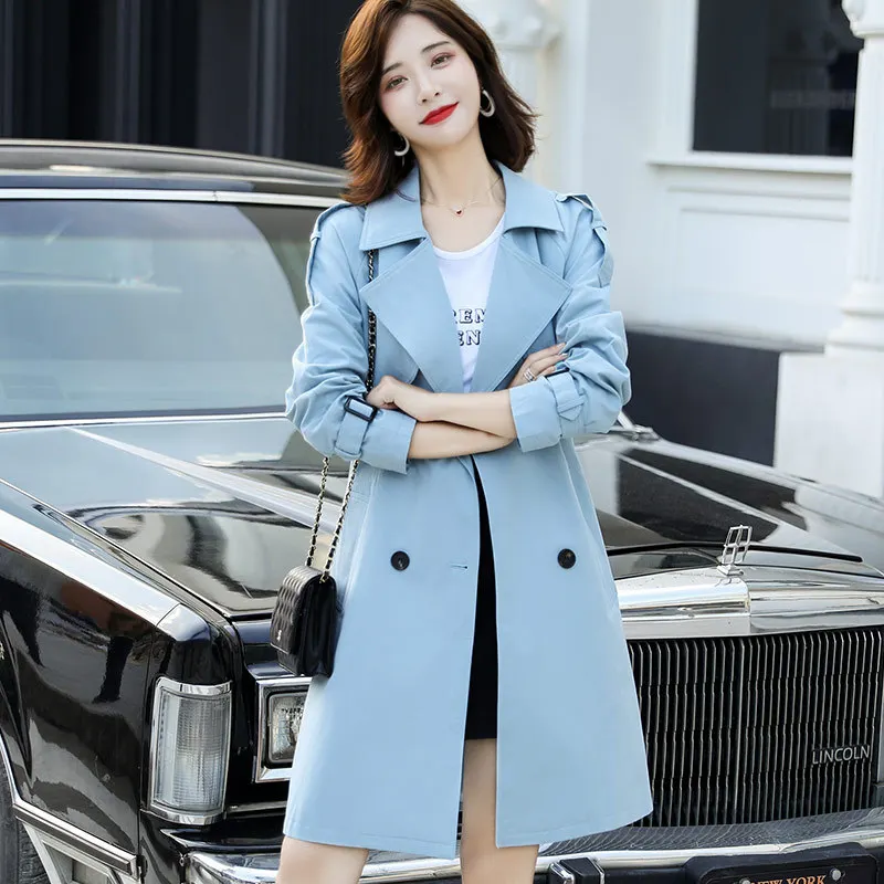 2021 Popular Windbreaker Ladies Spring Mid-Length Lapel Belt Pocket Korean Trench Coat Women Cotton Autumn Wild Double-Breasted