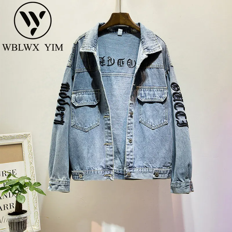 

Jeans Jacket Women Streetwear Fashion Letter embroidery Long Sleeve Denim Jacket Female Pocket Lapel Loose Plus size Jeans Coat