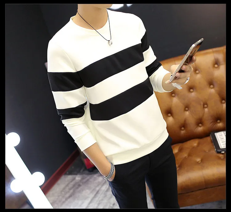 Весенняя модная мужская полосатая футболка мужская приталенная Повседневная мужская футболка Молодежная дикая одежда толстовки пуловер Топы футболка