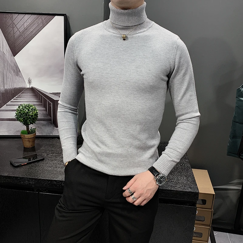 

2021 Brand clothing Fashion Men's slim fit High quality Knit shirts/Male leisure pure color High collar keep warm sweater S-3XL