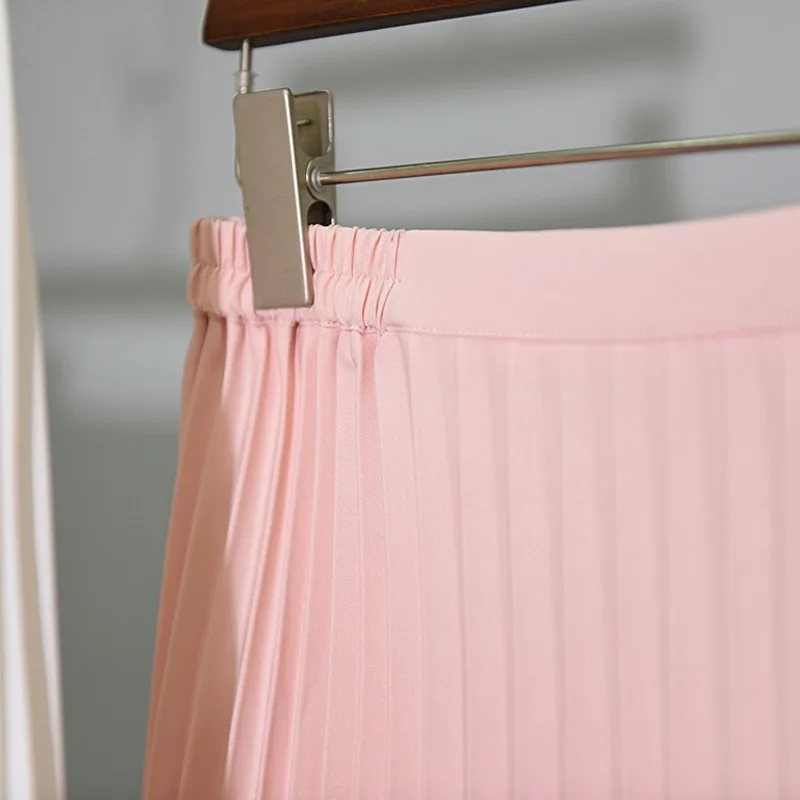 

Spring Summer Fashion Women Skirt Elastic High Waist Solid Half Length Pleated Skirts Ladies Black Pink Midi Skirt