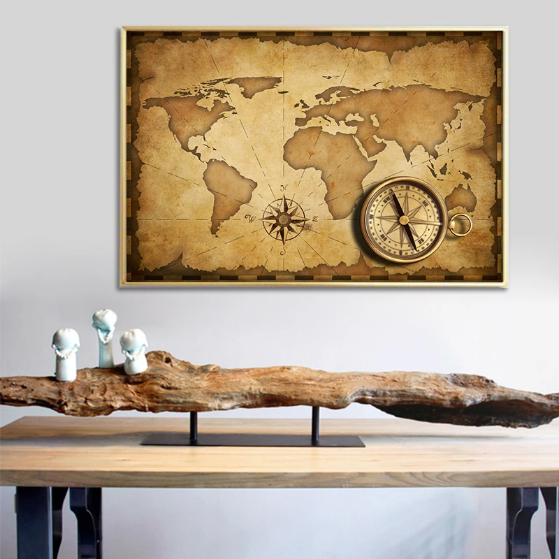 Большая винтажная морская карта и Компас Карта мира арт-принт на холсте плакат
