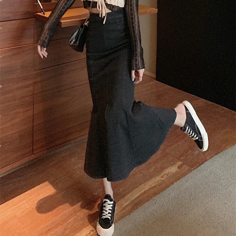 Юбка-Русалка Женская однотонная с высокой талией винтажная разрезом на осень