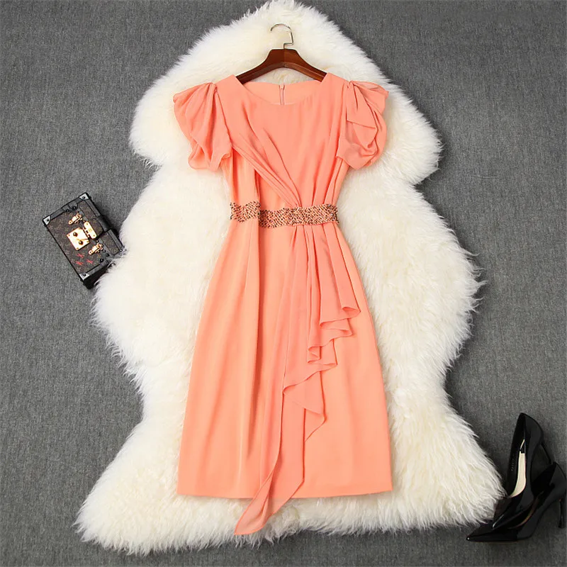 

Elegant Summer Dress Runway Designers Women Fashion 2020 New Short Sleeve Ruffle Patchwork Luxury Beading Party Pencil Dresses