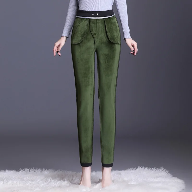 

Plus Size Women's Winter Velvet Thicken Solid Black Elastic Leggings 2020 New Warm Pants Button Warmed Legging With Fleece