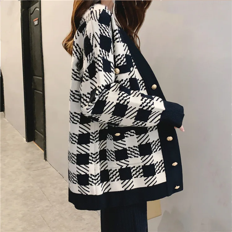 SINGRAIN Новинка женские вязаные Длинные кардиганы модные клетчатые топы с рисунком