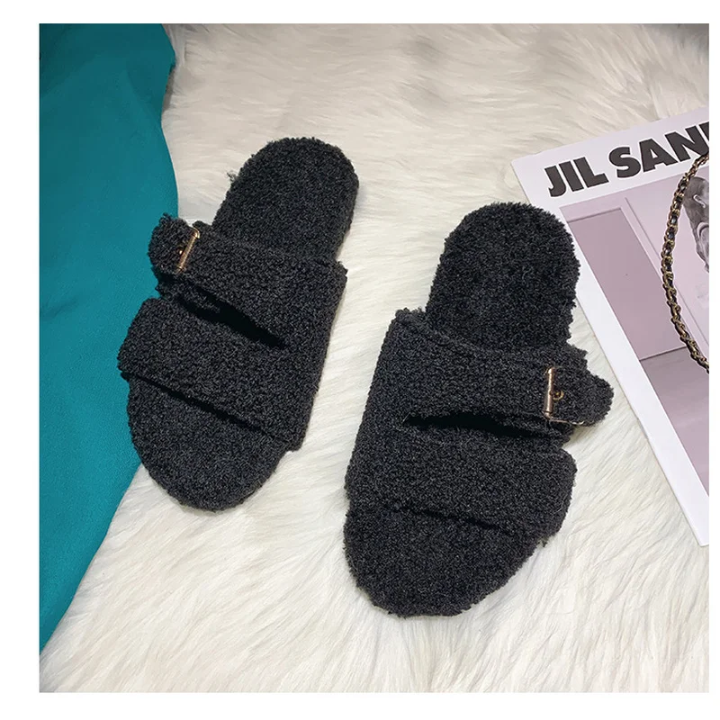 

Lamb Wool Slippers Women's Autumn and Winter 2021 New Fashion Outer Wear Korean Style Simple Flat-bottomed Cotton Slippers