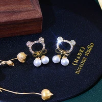 pave cz hollow cute tiny bear earring for lady temperament bowknot pearl stud earrings minimalist bizuteria orecchini pendant