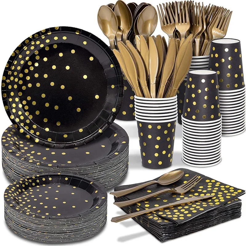 

Party Supplies-350 PCS Disposable Dinnerware Set-Black Paper Plates Napkins Cups, Gold Plastic Forks Knives Spoons