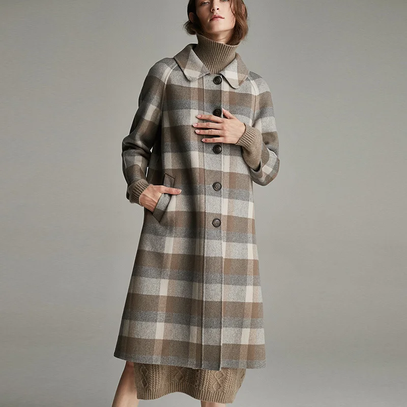 

SHZQ Popular Plaid Double-sided Wool Coat Women's Winter 2021 New Medium and Long Doll Collar Wool Coat