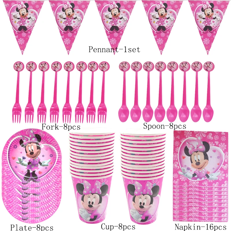 Набор одноразовой посуды для девочек 49 шт. тема Минни Мауса дня рождения кружки
