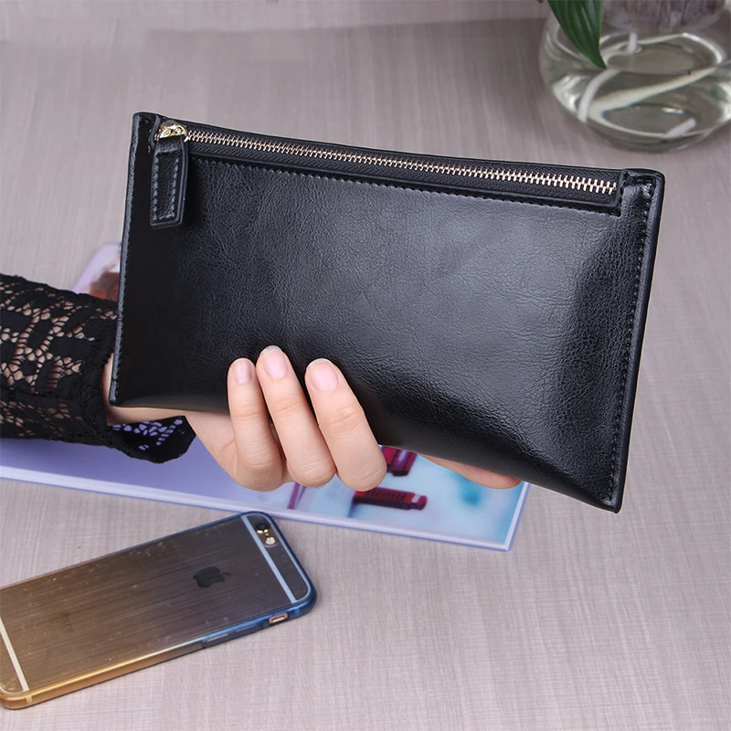 Женский воск кожаный Длинный кошелек на молнии тонкий из мягкой воловьей кожи