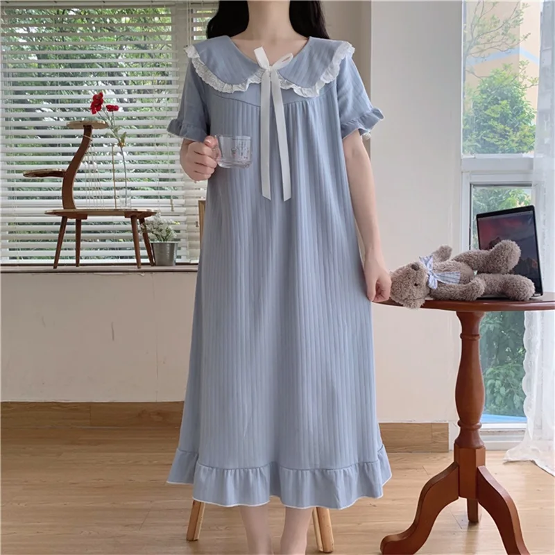 Summer Kawaii Elegant Gauze Blue White Bow Women Girl Pajamas Sweet Chic Chiffon Home Service Mid-Calf Nightdress Women Clothing