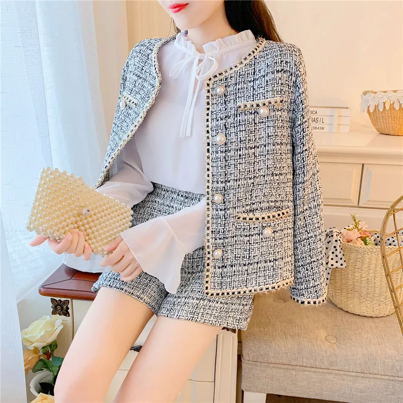 

2 Piece Set Women Fall Winter Long Sleeve Single Breasted Jacket Coat + High Waist Shorts Suit Ladies Sweet Woolen Tweed Outfits