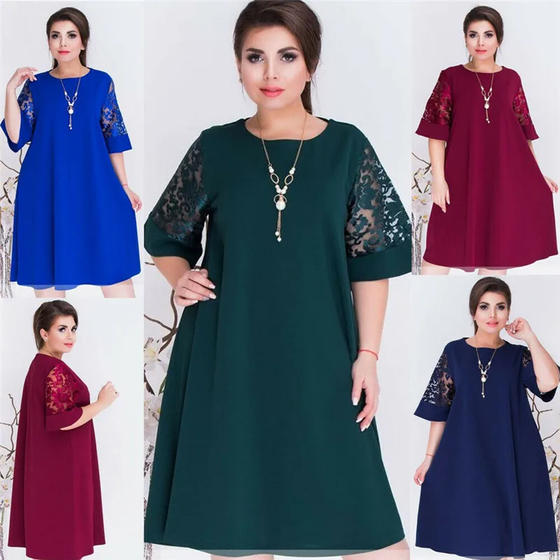 

Hot Fashion Women Sexy Crew Neck Lace Short Sleeve Summer Dress Ladies Loose Casual Dresses Female Solid Color Dresses Plus Size