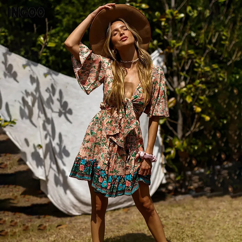 Женское платье INGOO в богемном стиле с коротким рукавом и расклешенным пупком лето