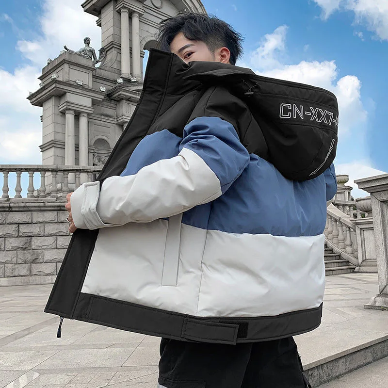 Men's Fashion Color Block Warm Cotton Jacket 2021 Winter Japanese Slim Fit Removable Hooded Cotton Jacket Coats for Men