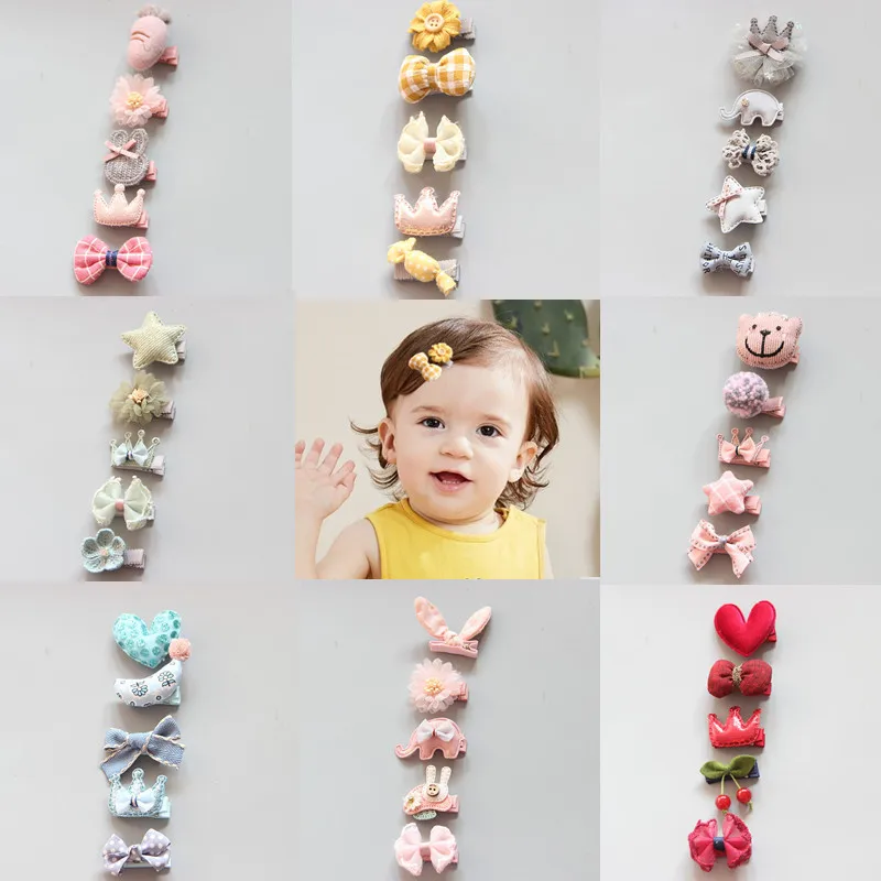 

5pcs/Set Girls Mini Snap Clips for Baby Girls Cloth Cartoon Animal Bows Flower Toddlers Kids Princess Hairpins Hair Accessories