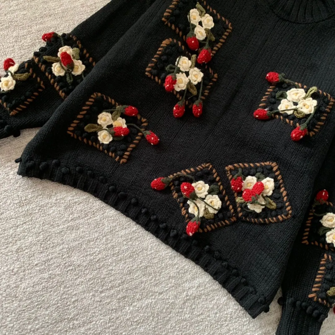 Зимний толстый теплый свитер новинка 2109 с цветочным рисунком и клубникой вязаный