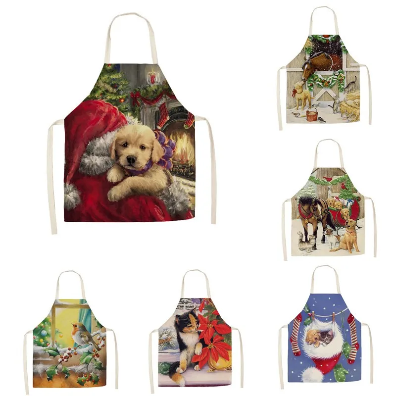1Pcs Kitchen Apron Christmas horse farm Printed Sleeveless Cotton Linen Aprons for Men Women Home Cleaning Tools 55*68cm | Дом и сад