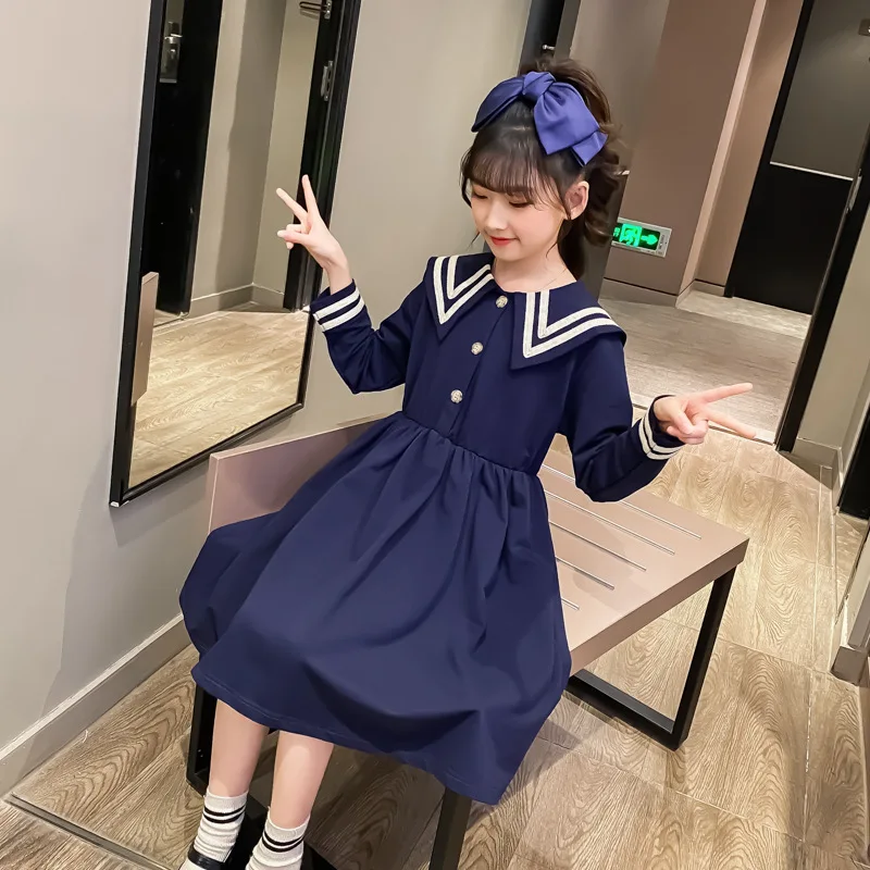

Girls Fashion Navy Skirt 2021 New Children's Navy Collar Dress Ladies Fan Children's Skirt Girls Clothing