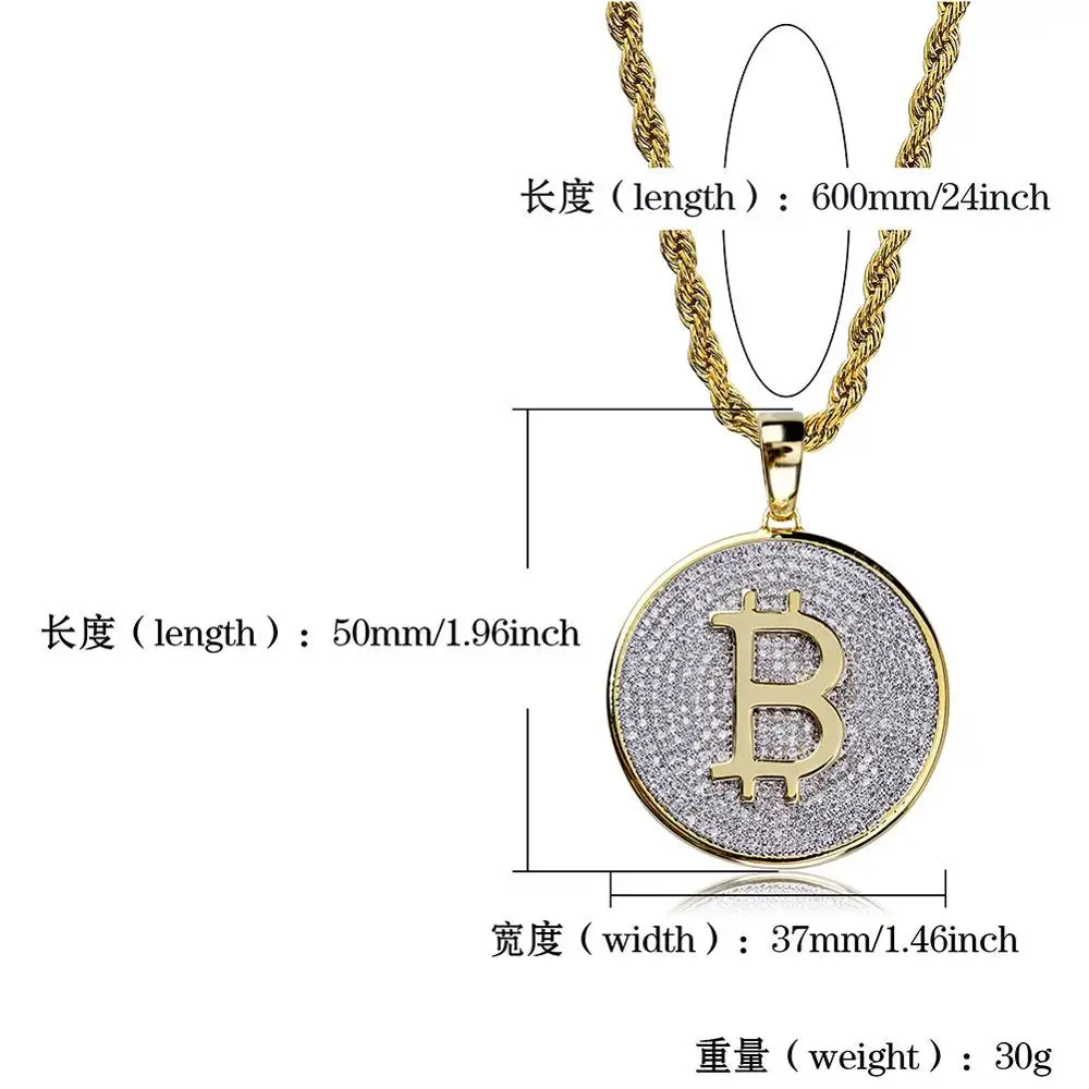 

High-Quality Iced Out Bitcoin Hip Hop Pendant & Necklaces Gold Silver Color Long Link Chains For Men Coin Jewelry Gifts