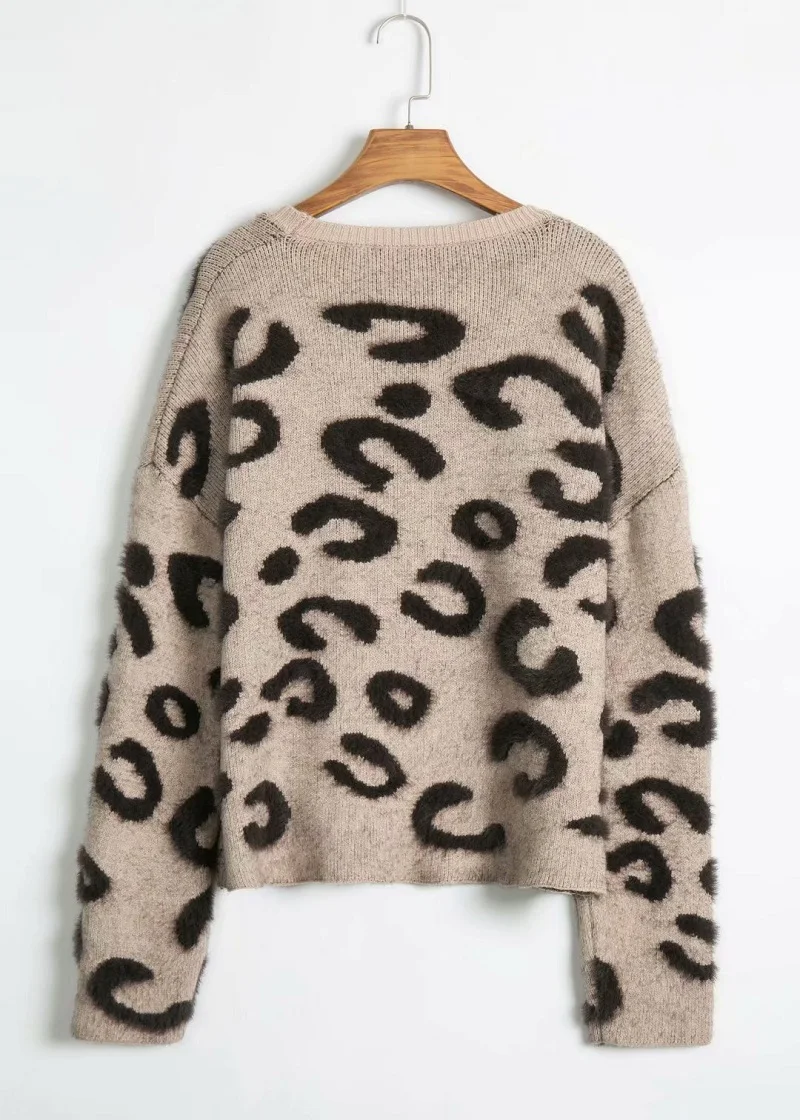 Женский леопардовый свитер повседневный короткий вязаный с круглым вырезом