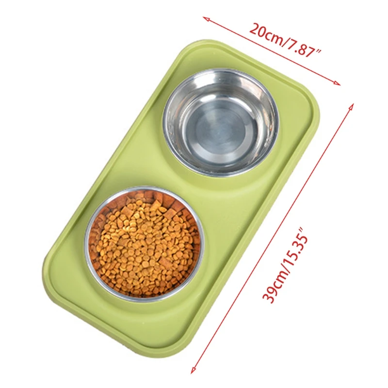 

Creative Anti Leakage Stainless Steel Double Bowl with Rectangular Non-Slip Bottom Pad Food Water Feeding Bowl Cat Dog