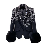 european style handmade beaded black blazer stitching big fox fur sleeve real fur coat women