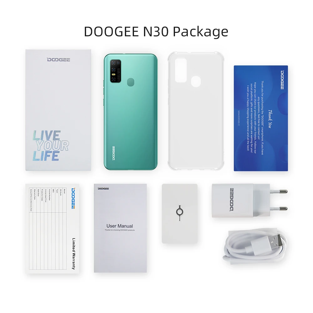 

Global Version DOOGEE N30 Cellphone 6.55"inch Quad Camera 128GB ROM Octa Core 4500mAh Large Battery Android 10 OS MT6762V/WD