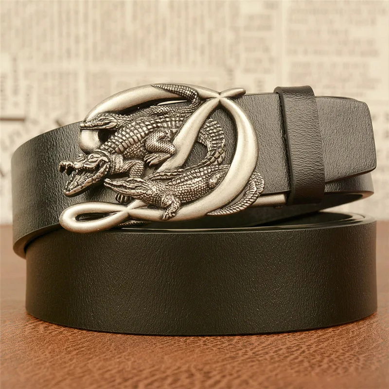 

Mens Belts Genuine Leather Luxury 3D Animal Alligator Two Color Automatic Buckle Solid Pattern Casual Belt Strap Belt For Male