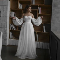 wedding dress boho sweetheart floor length long puff sleeve bridal gown chiffon gorgeous robe de mariee off shoulder court train