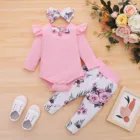 Комплект одежды для новорожденных девочек, комбинезон с бантом и штаны, повязка на голову, с цветочным принтом, одежда для маленьких девочек