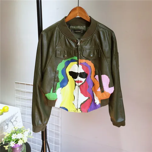 army green Neploe/Осенняя Женская куртка из искусственной кожи с принтом персонажа модное повседневное короткое пальто летучая мышь стоячий воротник на молнии Верхняя одежда в категории «бомбер» 54834 - Цвет: army green